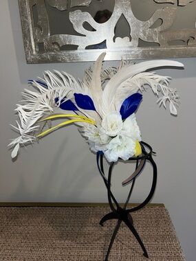 White Derby Fascinator with Blue & Yellow Accents